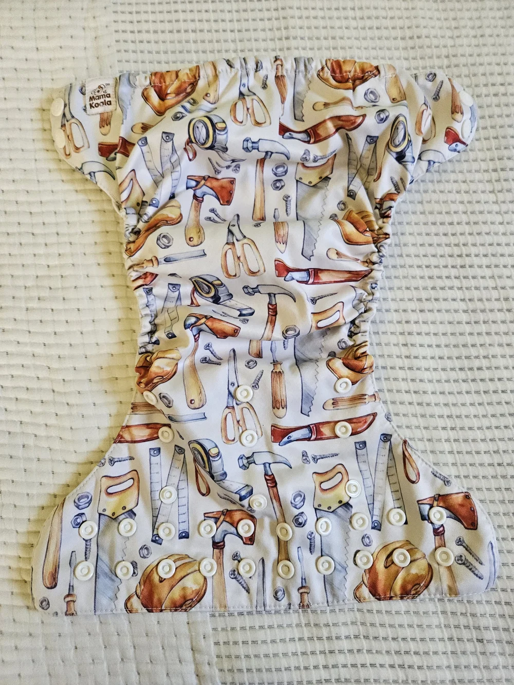 Mama Koala Tools Print Cloth Diaper - White Base with Brown/Orange Tools